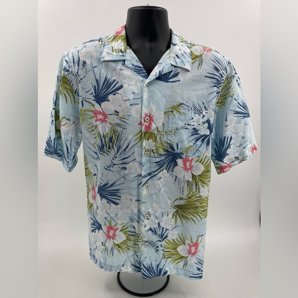 Caribbean Linen Cotton‎ Blend Button Down Shirt Short Sleeve Blue Floral Men’s L